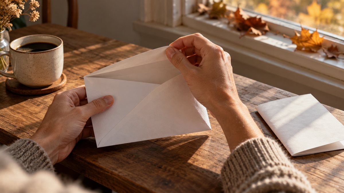 IRS em novembro: mãos a abrir um envelope numa mesa de outono