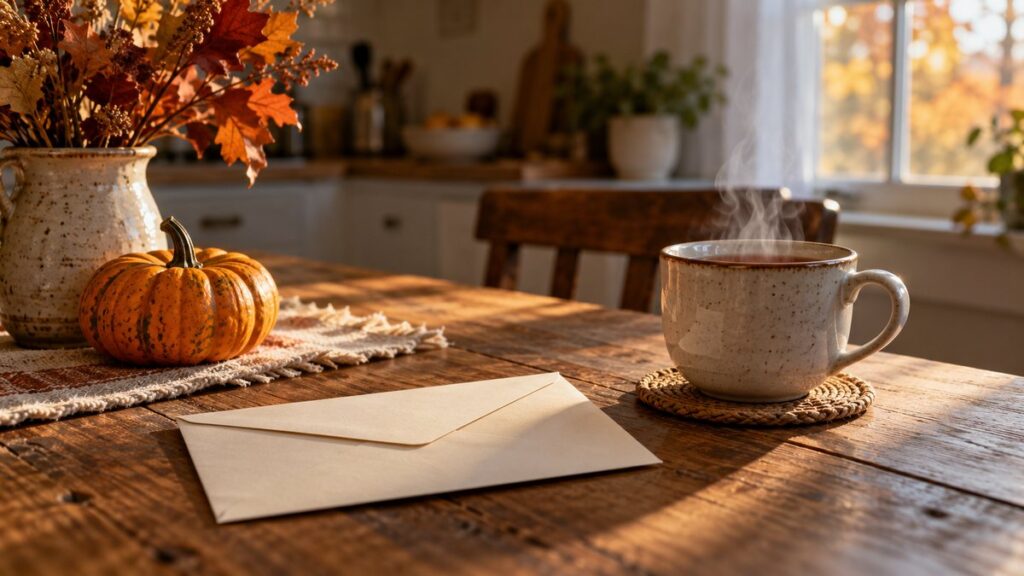IRS em novembro: envelope e chávena numa mesa de cozinha no outono