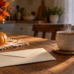 IRS em novembro: envelope e chávena numa mesa de cozinha no outono