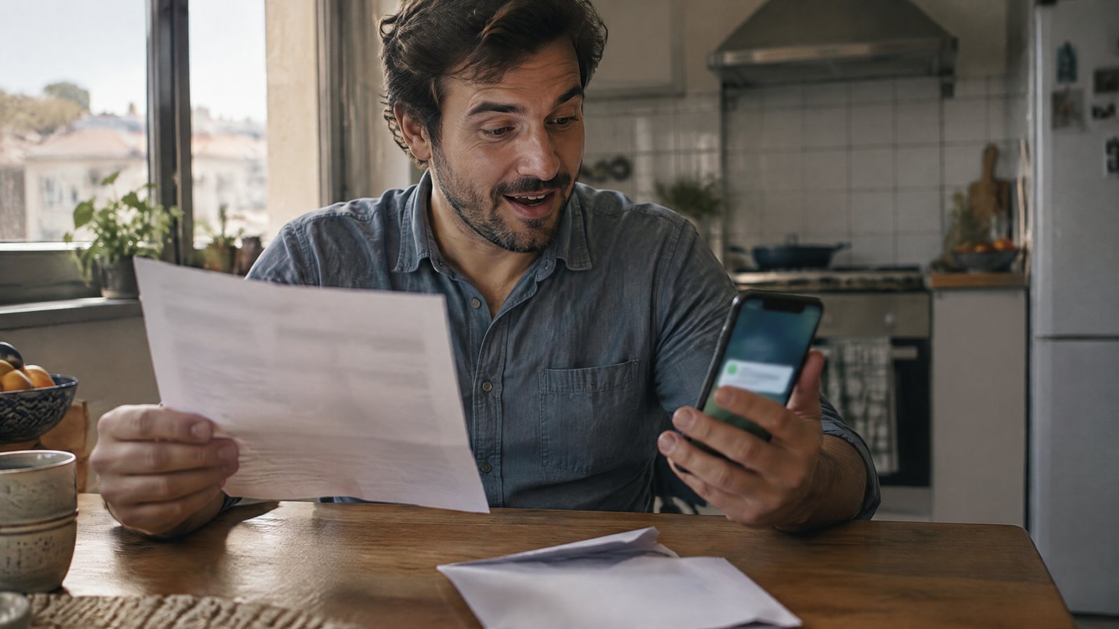 IRS em novembro: envelope e chávena numa mesa de cozinha no outono