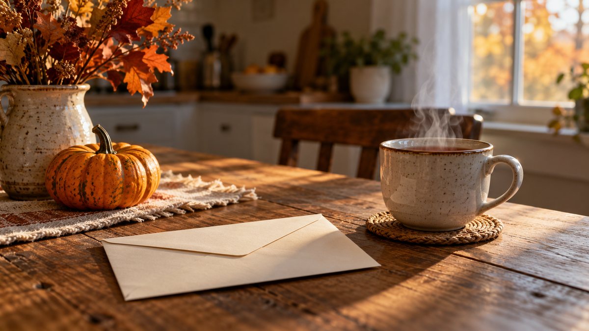IRS em novembro: envelope e chávena numa mesa de cozinha no outono