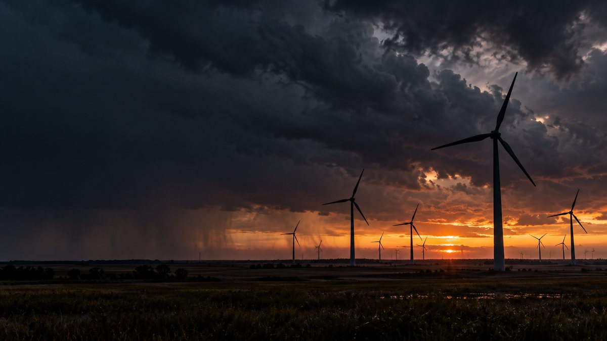 Ventus Energy: turbinas eólicas paradas sob um céu de tempestade