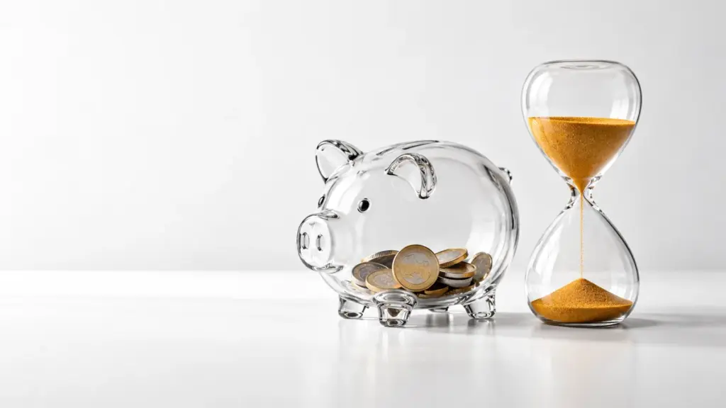 Mealheiro de vidro com moedas de euro e uma ampulheta, ilustração das Contas de Poupança e Investimento