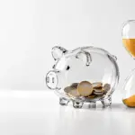 Mealheiro de vidro com moedas de euro e uma ampulheta, ilustração das Contas de Poupança e Investimento