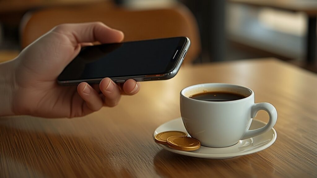 Euro digital: mão com telemóvel e café num balcão