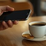 Euro digital: mão com telemóvel e café num balcão