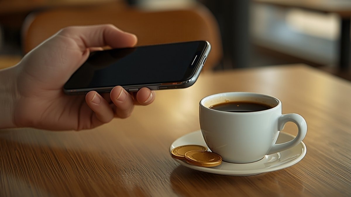 Euro digital: mão com telemóvel e café num balcão