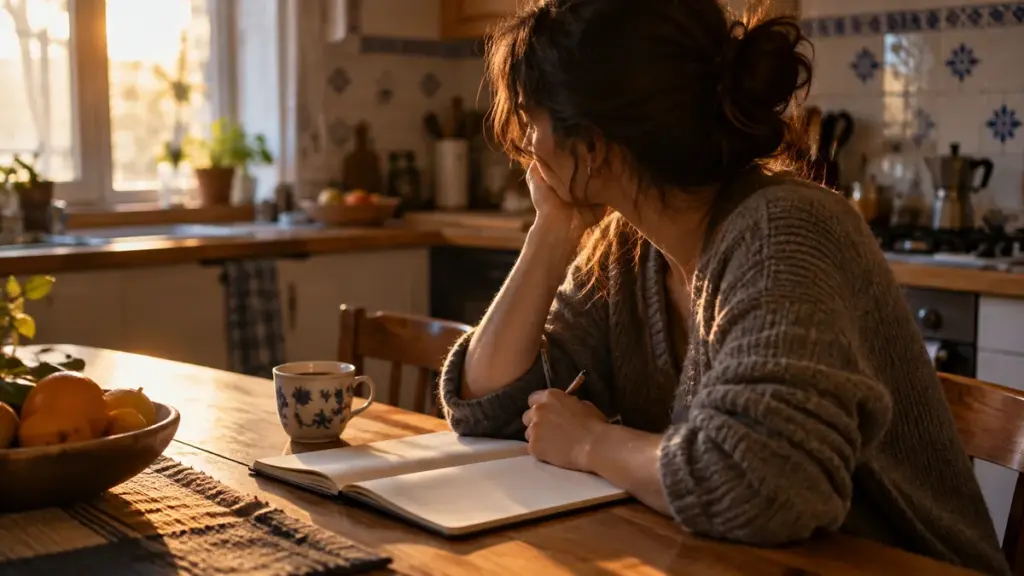 Como organizar as finanças pessoais em 4 passos, com caderno e café à mesa da cozinha