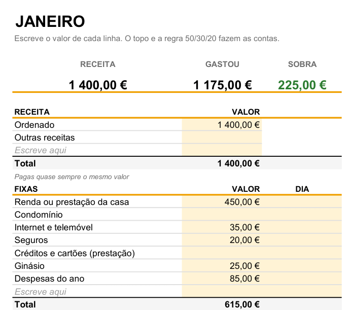 Excel Orçamento do Mês preenchido com o exemplo do Rui