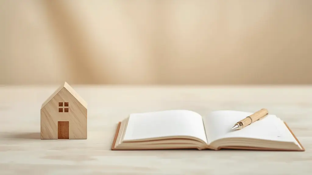 Maqueta de casa de madeira ao lado de um caderno aberto e de uma caneta, ilustração do Orçamento do Estado 2027