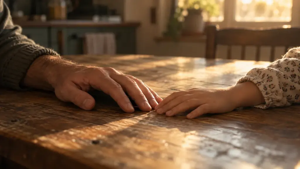 Relação com o dinheiro aprendida em família: mãos de um adulto e de uma criança à mesa