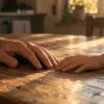 Relação com o dinheiro aprendida em família: mãos de um adulto e de uma criança à mesa