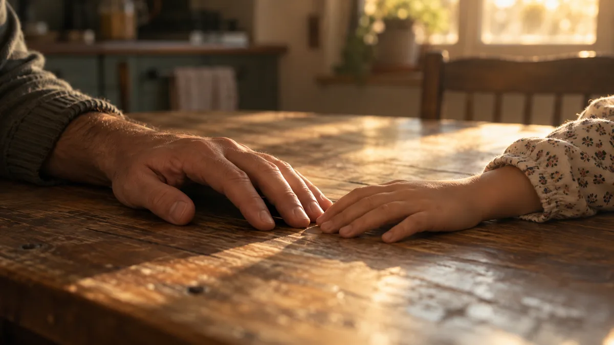 Relação com o dinheiro aprendida em família: mãos de um adulto e de uma criança à mesa